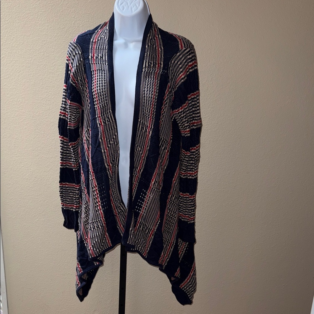 Forever 21 Striped Open-Front Asymmetrical Cardigan Sweater Blue Red Cream Sz S